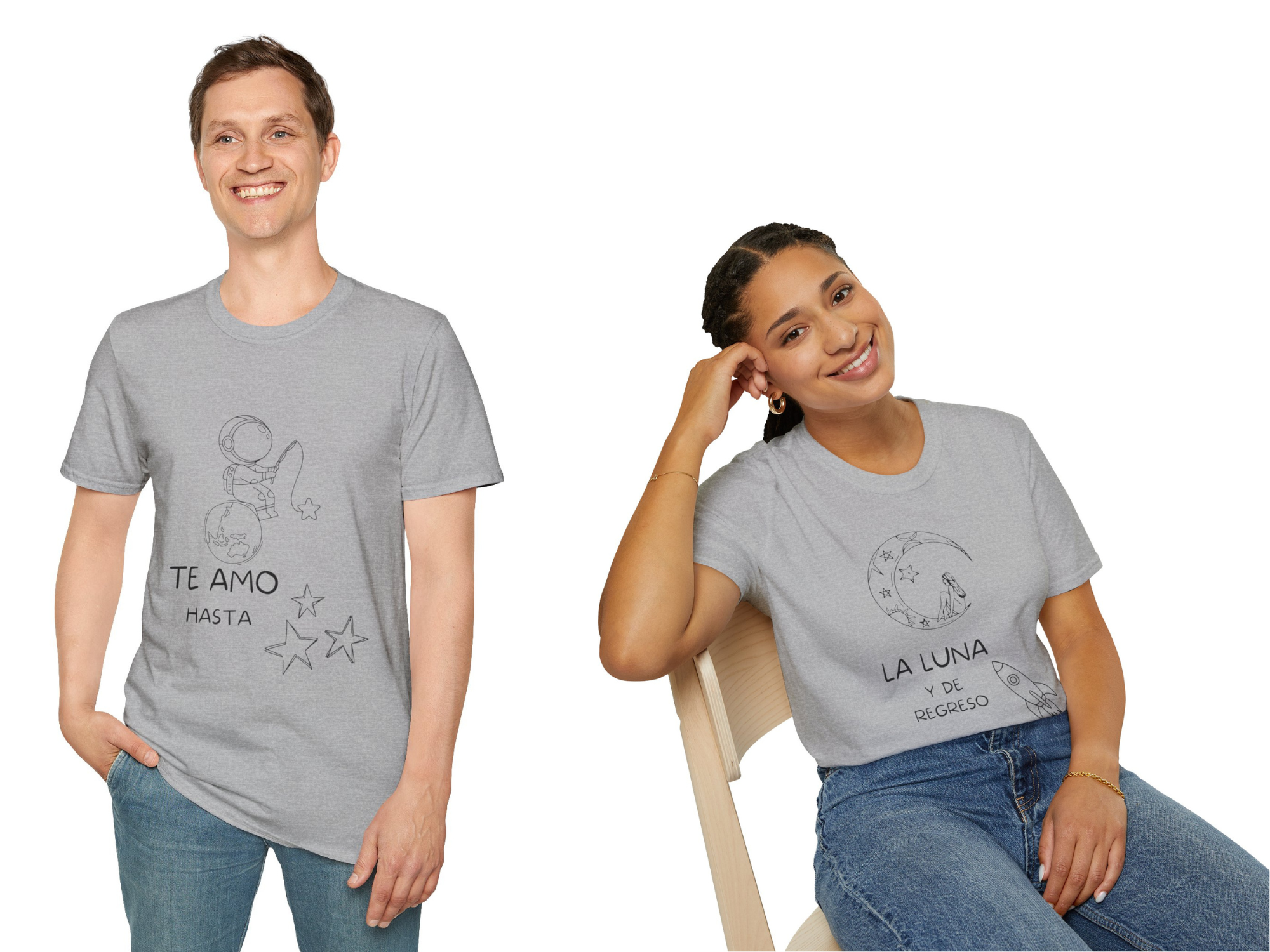 Conjunto T-Shirt unisex para pareja  "Te amo hasta" / "La luna y de regreso"