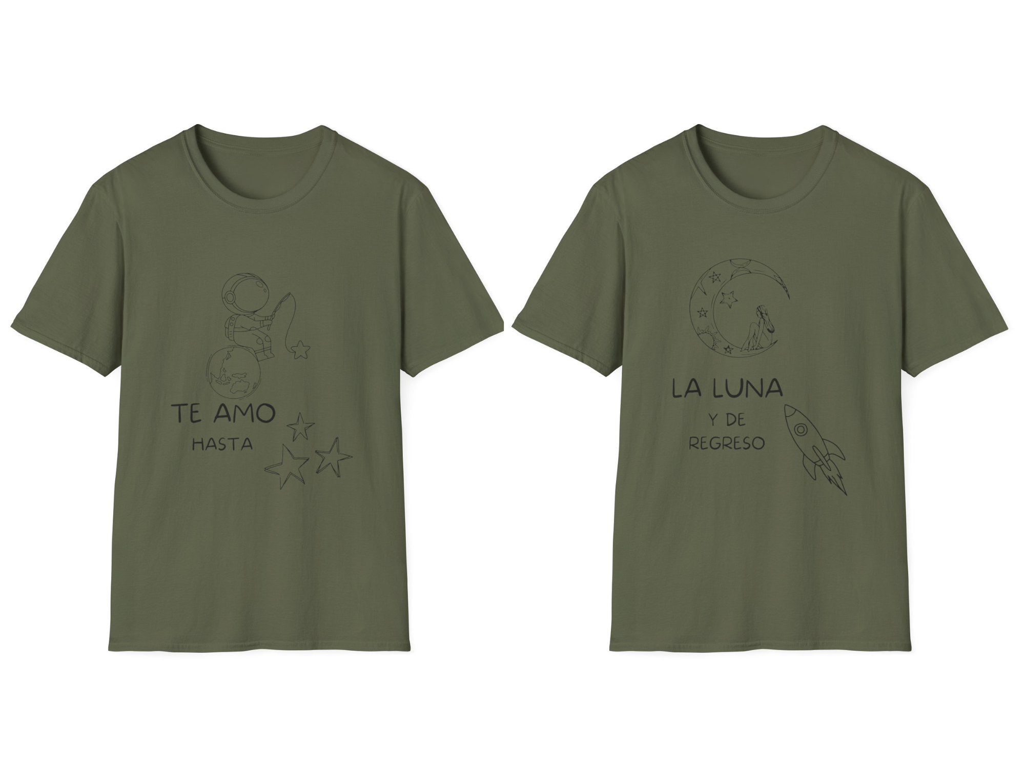 Conjunto T-Shirt unisex para pareja  "Te amo hasta" / "La luna y de regreso"
