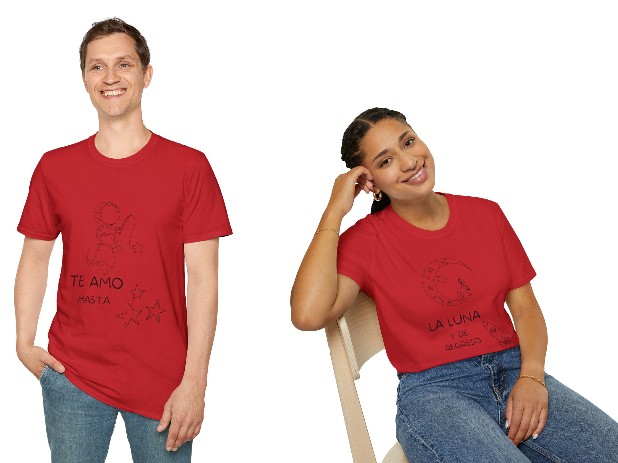 Conjunto T-Shirt unisex para pareja  "Te amo hasta" / "La luna y de regreso"