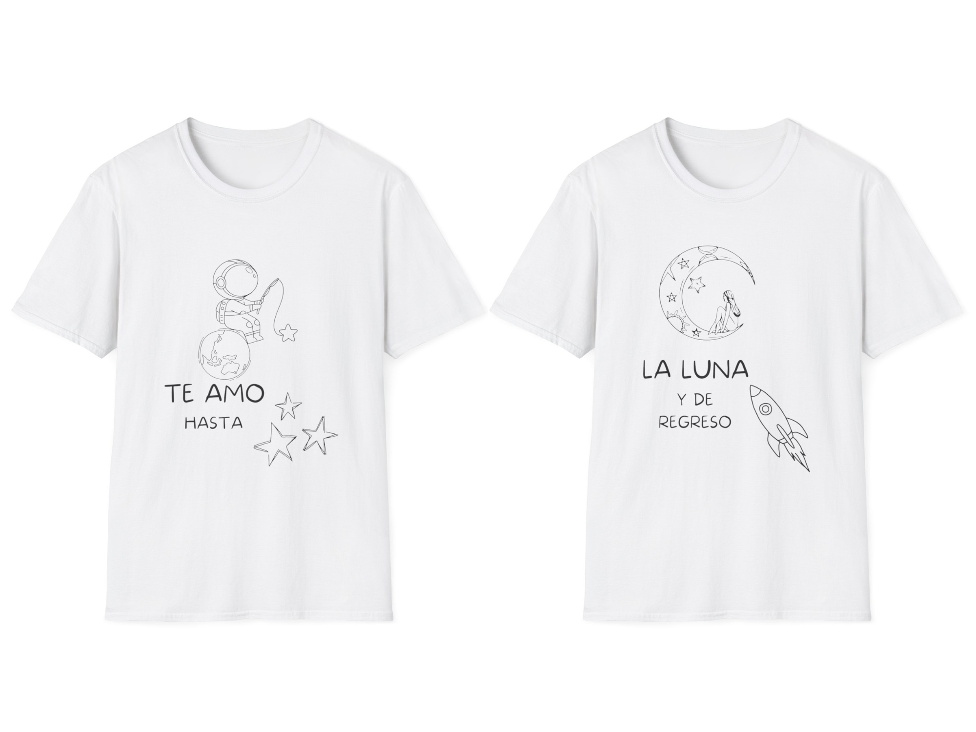 Conjunto T-Shirt unisex para pareja  "Te amo hasta" / "La luna y de regreso"