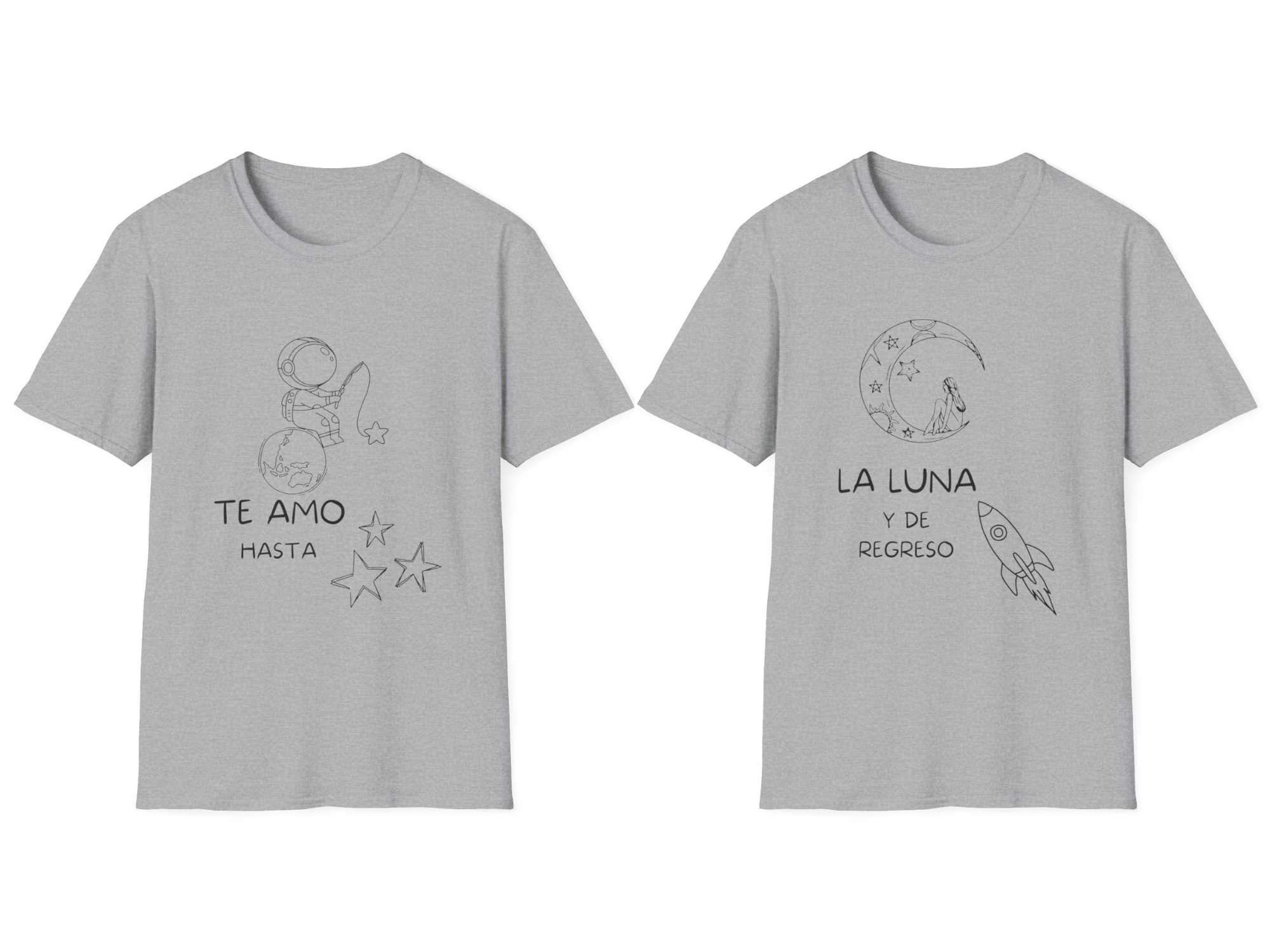 Conjunto T-Shirt unisex para pareja  "Te amo hasta" / "La luna y de regreso"